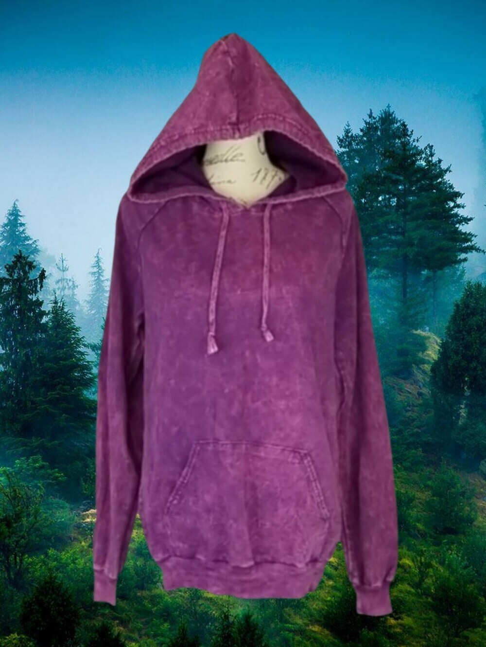 Purple Hoodie Sweatshirt Stonewashed with Pocket and Drawstring Hood